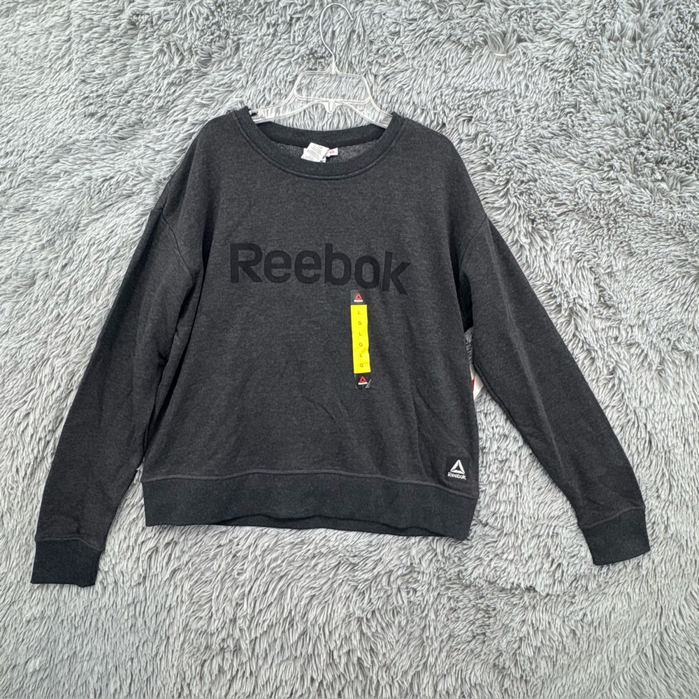 Reebok Sweatshirt Womens Large Fleece Crewneck New Gray Black Spellout Comfy
